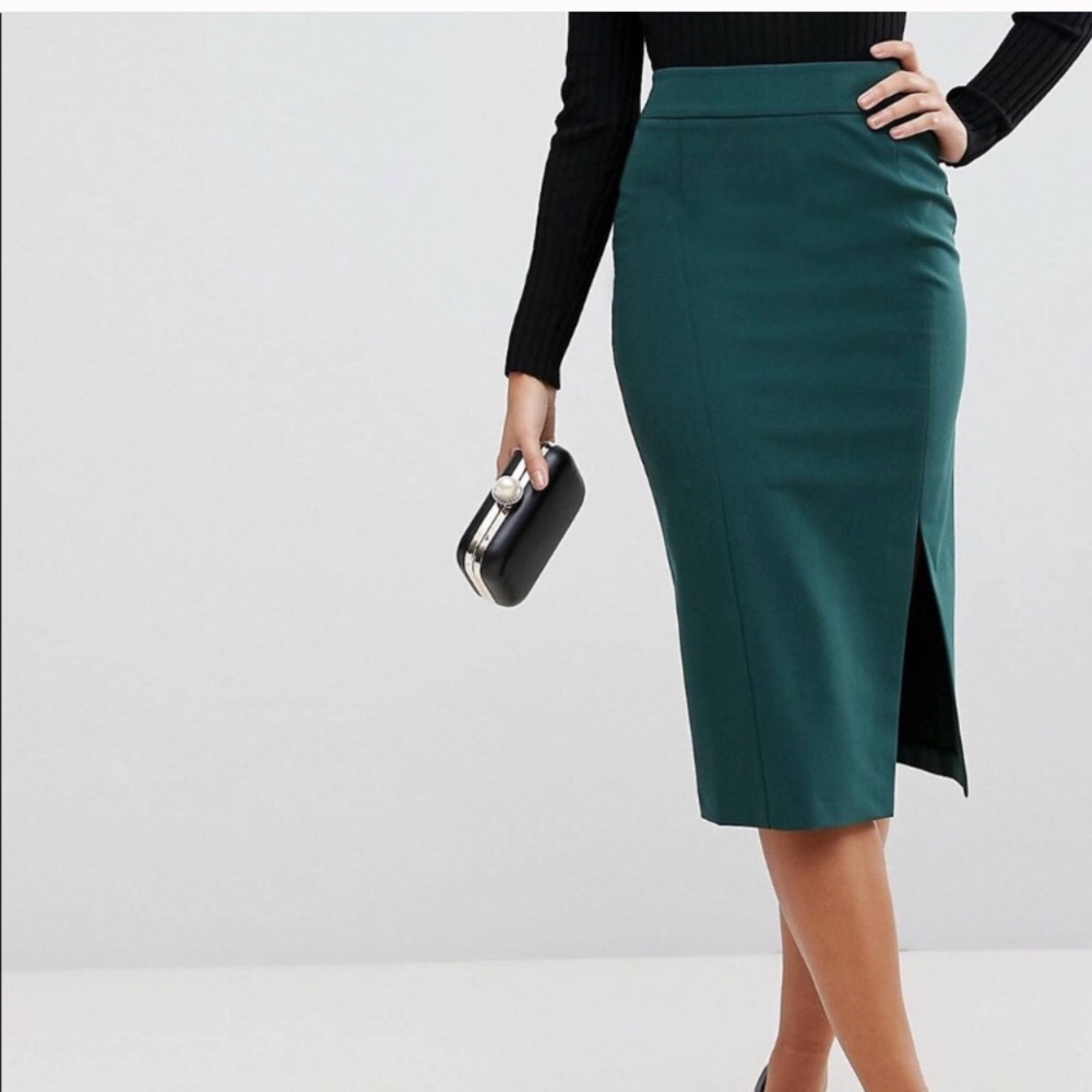 Green ASOS pencil skirt with slit.